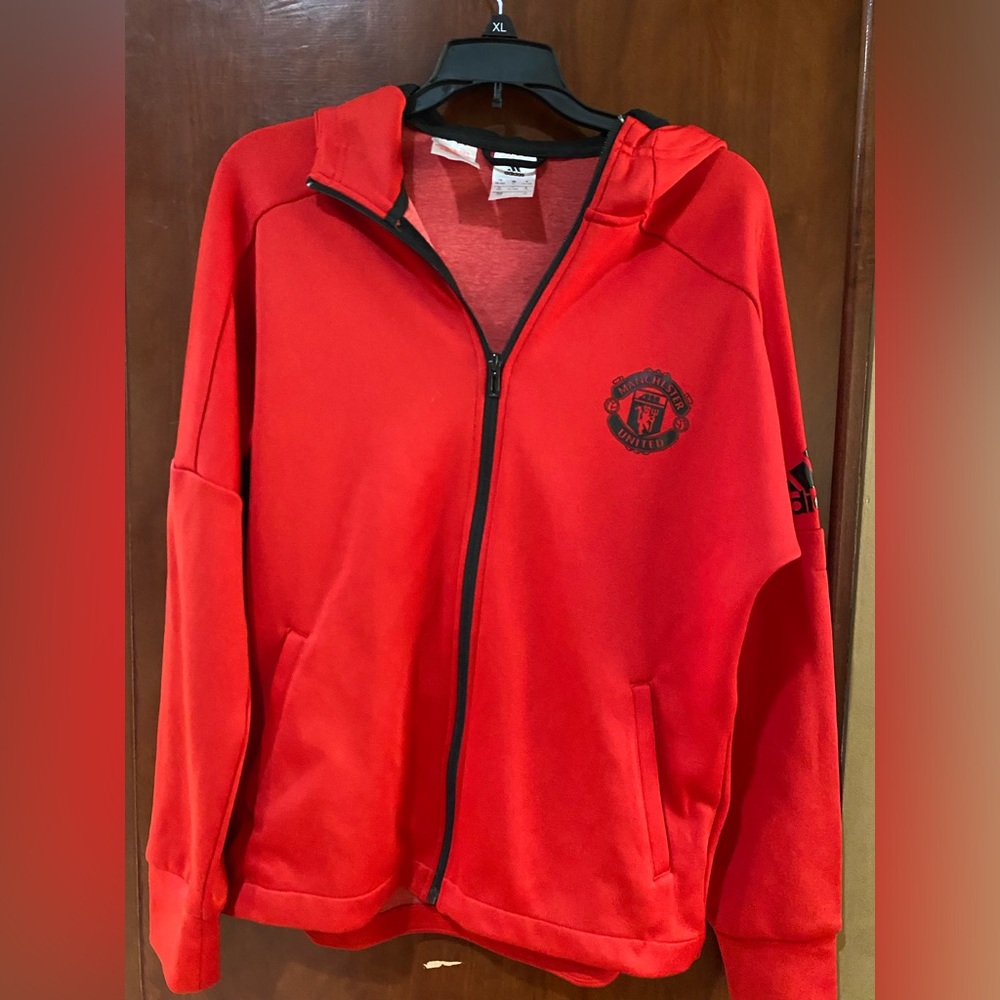 adidas Red Full-Zip Hooded Jacket with Manchester Crest